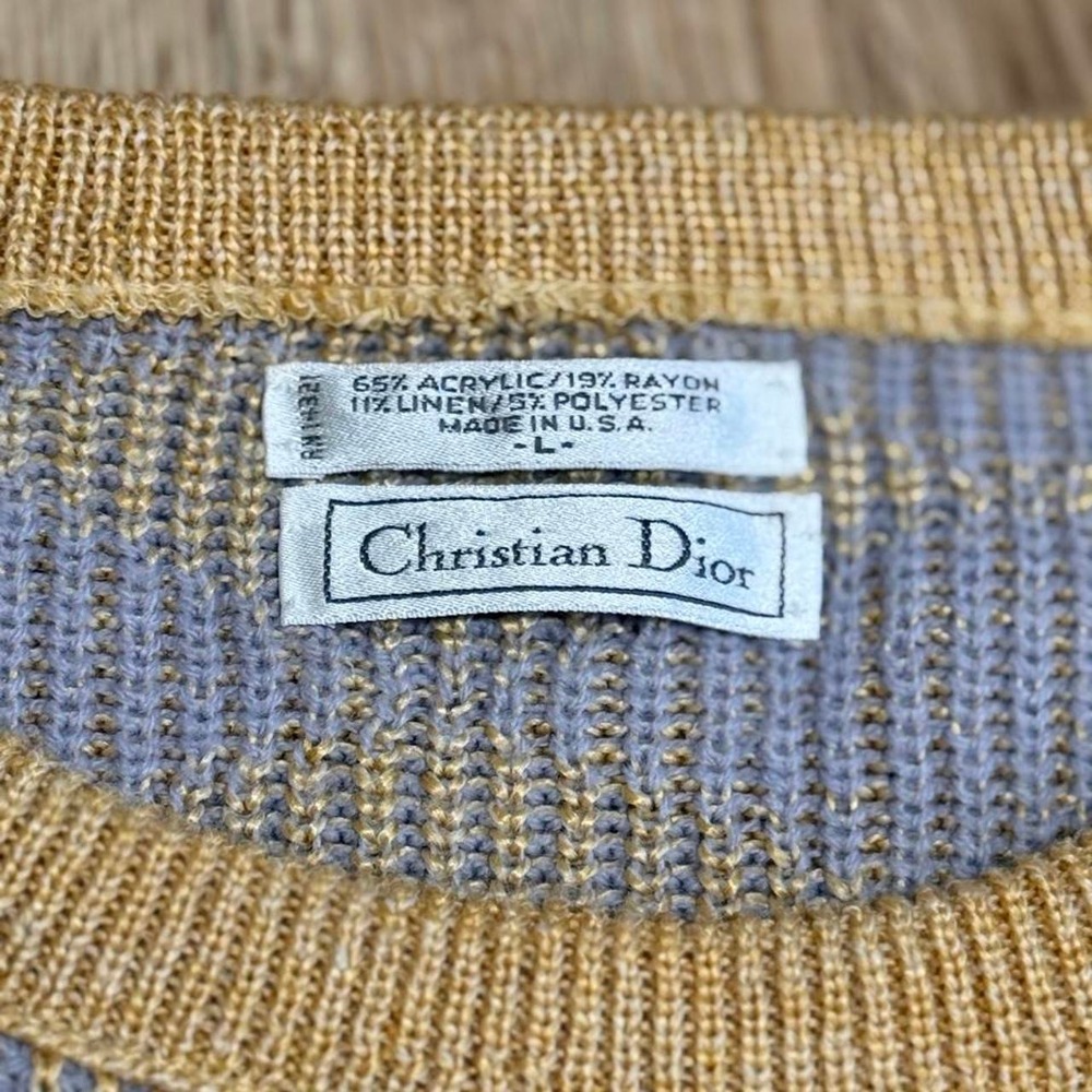 Christian Dior Vintage Diamond Knit Sweater Blue Yellow Linen Blend Large USA - Picture 3 of 6